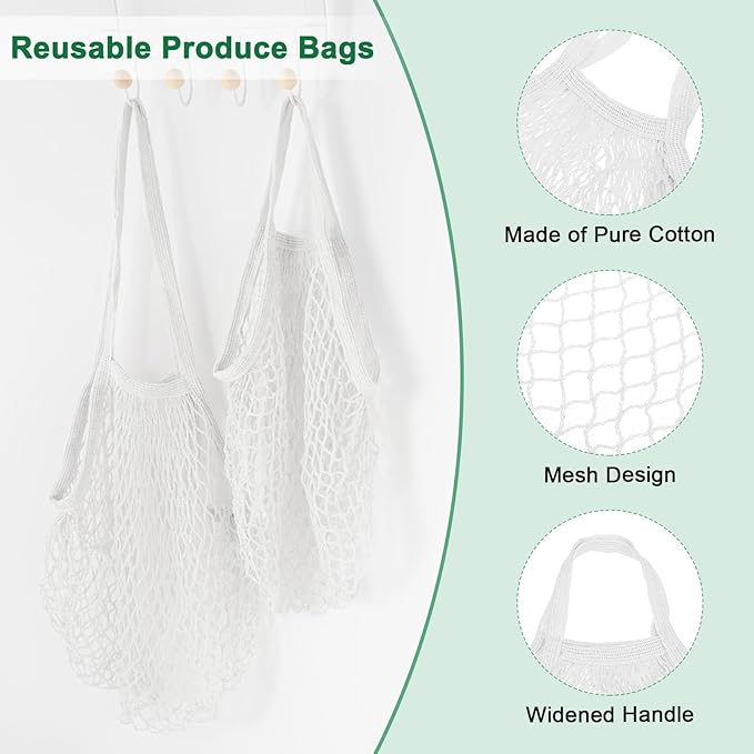 2-Pack Cotton Mesh Bag, Reusable Washable Mesh Net String Grocery Bags, Reusable Produce Bags with Handle, Net Tote Bag for Fruits/Vegetables Shopping [White, Long&Short Handle]