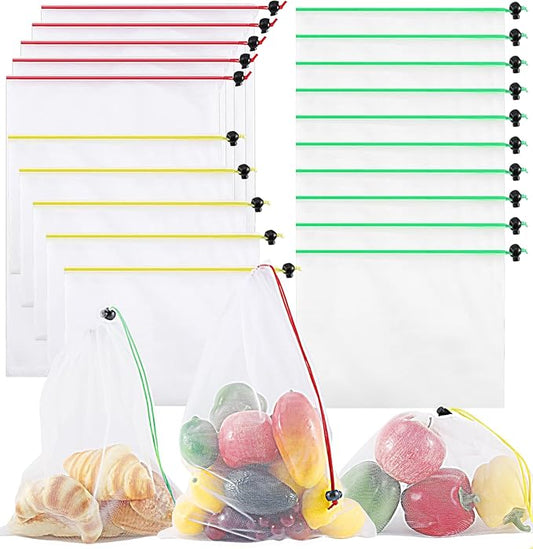 20 Pack Reusable Produce Bags, Washable Produce Mesh Bags, Durable Vegetable Fruits Bag, See-Through Toy Storage Mesh Bag with Drawstring for Fruits Vegetables Fridge Storage Toys, 3 Sizes