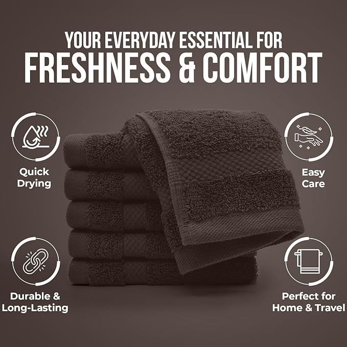 DAN RIVER 12-Pack Premium 100% Cotton Brown Face Towels – Reusable Face Towel Set, Soft & Absorbent Bath washcloths for Bathroom & Body – Hand and Face Towels, 550 GSM (12x12 in)