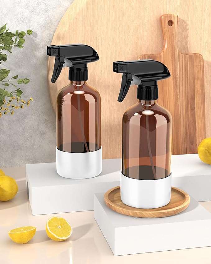 Glass Spray Bottle with Silicone Sleeve Protection, Amber Glass Spray Bottle Set for Window Cleaner Aromatherapy Facial Hydration Watering Flowers Hair Care 2 Pack/16 oz (White, 16 oz)