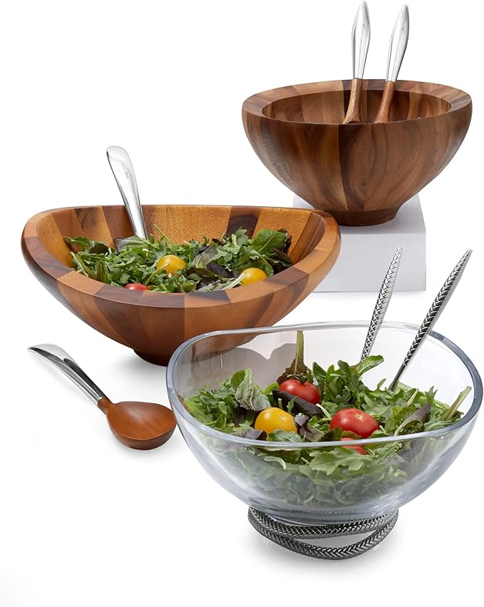 Nambé Yaro Salad Bowl Set – 14" Acacia Wood Bowl with Alloy-Accent Servers, Smooth Sculpted Design & 4 QT Capacity – Elegant Tableware for Serving Salads, Meals & Entertaining Guests