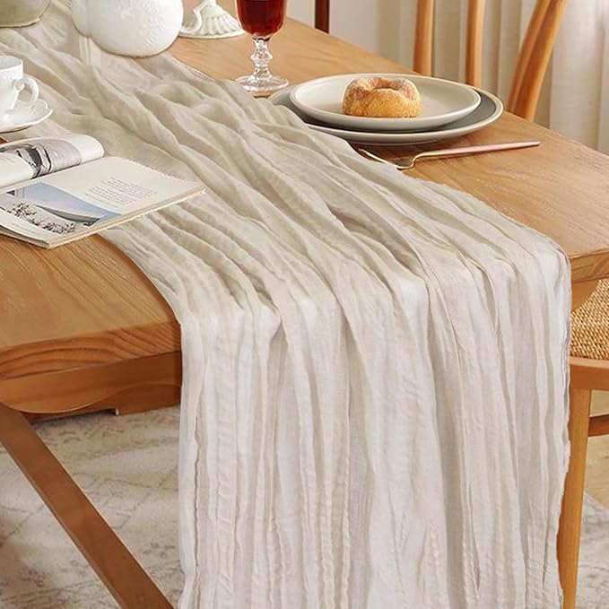 Le courant 10Ft Cheesecloth Table Runner, Rustic Boho Gauze Cheese Cloth Runner Table Runner for Weddings Bridal Baby Shower Birthday Holiday Parties Home Decor, Beige