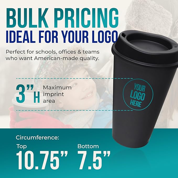 Rolling Sands USA Made 16 oz Reusable Coffee Cups with Lids 6 Pk, To Go Travel Cups, Hot or Cold Drinks, Dishwasher and Microwave Safe, Black Cups, White Lids