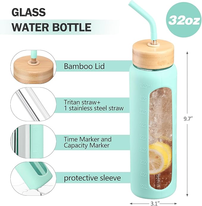 32oz Glass Water Bottle with Straw and 2 Lids- Bamboo and Spout Lid,Motivational Sports Water Bottle with Silicone Sleeve and Time Marker,Reusable for Gym, Outdoors, Mint Green