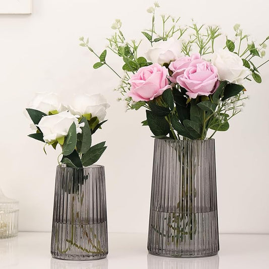 Ribbed Flower Vases Set of 2, Black Vases for Flowers, Flower Vase for Bouquet, Modern Ribbed Glass Vase for Living Room, Bedroom, Dining Table, Office, Wedding, Centerpieces