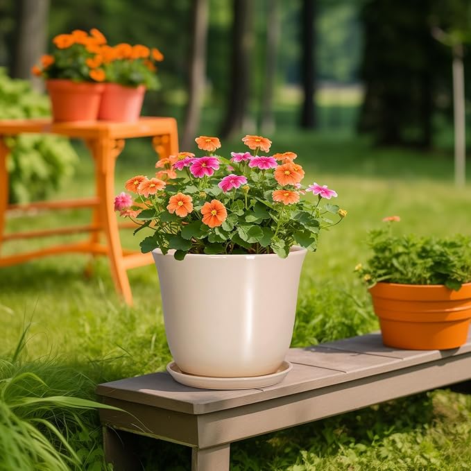 Ceramic Planter - 10 Inch Plant Pot for Indoor Outdoor, Round Flower Pots with Drainage Hole and Saucer, Large Plant Pot, Modern Planters, Home Office Room Decor, Gardening Gifts, Beige