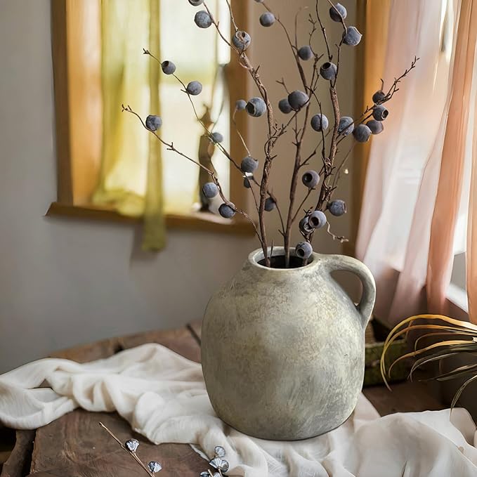 5.6 Inch Handmade Rustic Ceramic Vase with Handle, White Grey Vintage Farmhouse Vase, Pottery Flower Vase for Living Room, Office, Thanksgiving Centerpieces