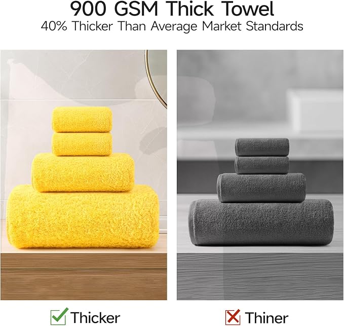 REDKISS Luxury Bath Towel Set of 4, 100% Cotton 900 GSM Premium Bathroom Towels, Ultra Soft, Highly Absorbent & Quick Dry Bath Sheets, No Shedding, Hotel & Home Spa Towel Sets for Adults - Yellow