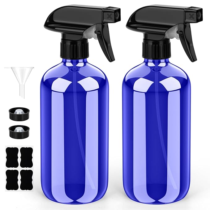 Glass Spray Bottle, Blue Glass Spray Bottle Set & Accessories Refillable for Plants Window Cleaners Aromatherapy Facial Hydration Watering Flowers Hair Care (2 Pack/8 oz) (Blue)