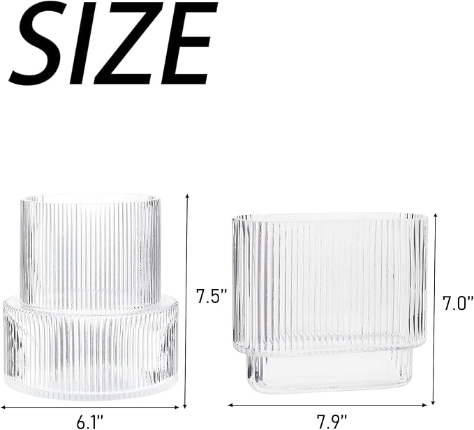 Ribbed Glass Vases, Set of 2 Fluted Vases for Flowers, Clear Vase for Tulips, Modern Glass Vase for Living Room, Dining Table, Office, Entryway, Mantle, Bookshelf, Wedding Gifts
