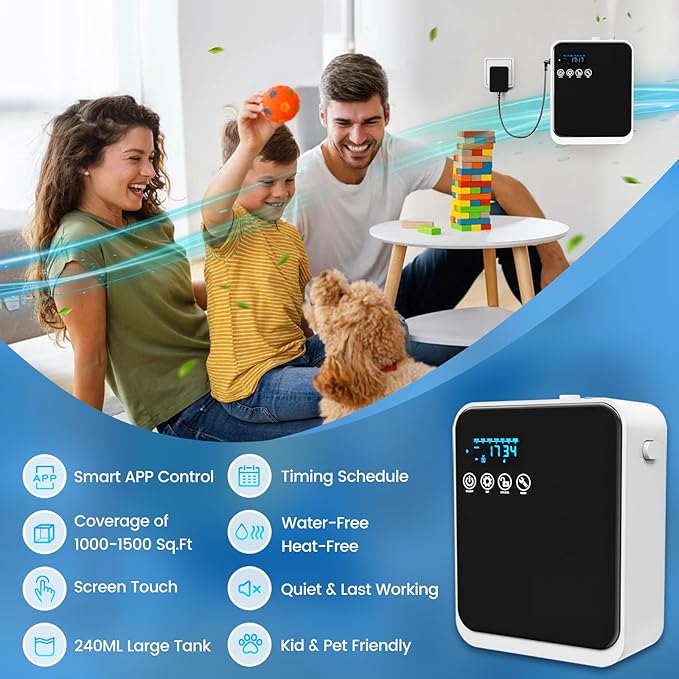 Waterless Essential Oil Diffuser,250ml Aromatherapy Scent Air Diffuser with Smart APP & Touch Screen|Whole House Large Room Oil Diffuser for Home,Office & Hotel Collection,Covers 1500 sq.ft–Black