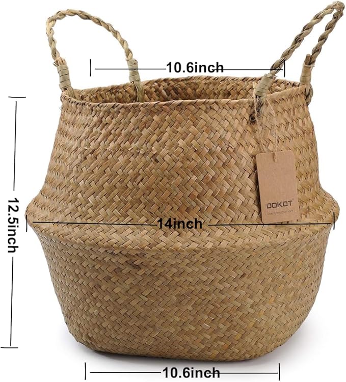 DOKOT Seagrass Plant Basket with Handles, Round Storage Wicker Basket (10.6inch Diameter x 12.5inch Height, Natural)