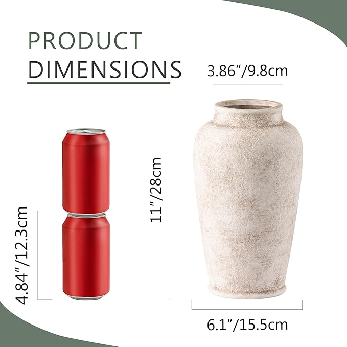 Ceramic Large Flower Vase, 11 Inch Tall White Rustic Vase Farmhouse Decorative Vase Floral Pottery Vases for Home Decor Table Living Room Entryway Mantel Bedroom Bathroom Kitchen - Rustic White