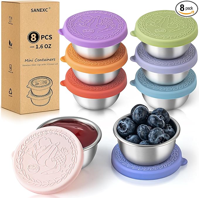 8 Pack - 1.6 Oz Small Salad Dressing Containers To Go, Leakproof Condiment Containers with Lids Reusable Stainless Steel Sauce Cups for Lunch Boxes Kitchen Storage Picnics Travel Meal Prep