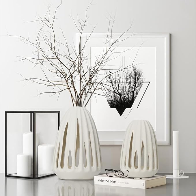 Ceramic Vase - Set of 2 for Home Decor,White Hollow-Out Design Vases Minimalist Nordic Boho Style for Modern Farmhouse Decor, Living Room、 Kitchen、Mantle、Bedroom、Dining Table、Office