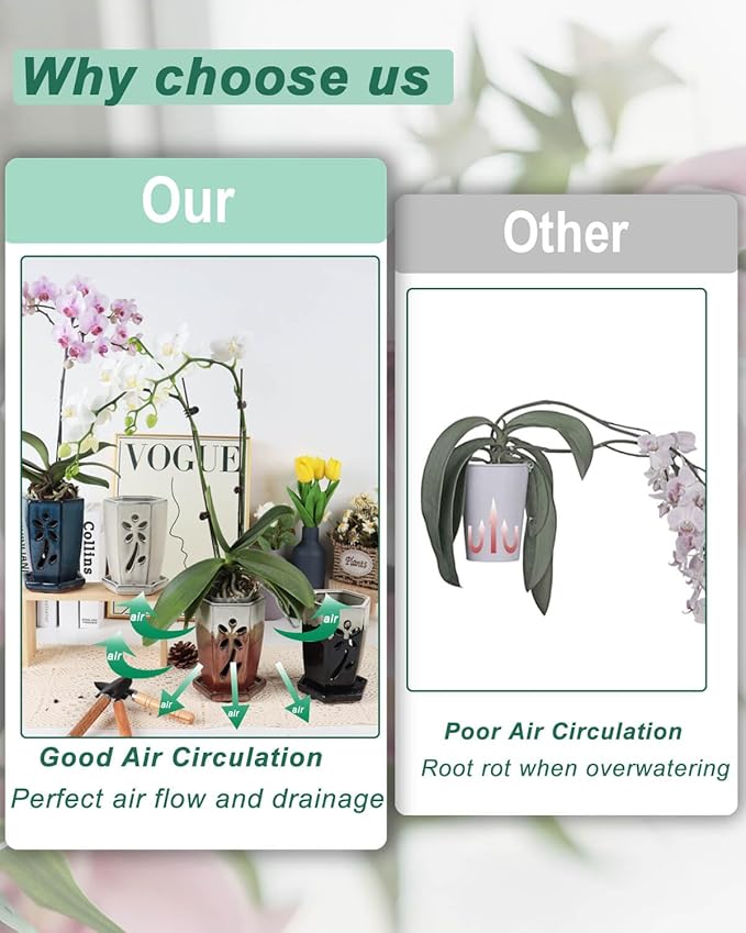 vensovo 4 Inch Ceramic Orchid Pots with Holes and Saucers - 1 Pcs Small Hexagon Succulent Pot for Repotting, Garden Flowerpots for Plants Indoor and Outdoor Promotes Air Circulation, (Black Mixed)