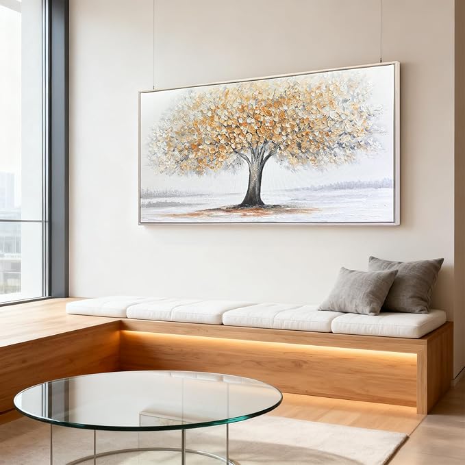 White Tree of Life Canvas Wall Art, Modern Abstract Textured Painting, Large Framed Panoramic Landscape Artwork for Living Room, Bedroom, Office, Home Decor 48"x24"