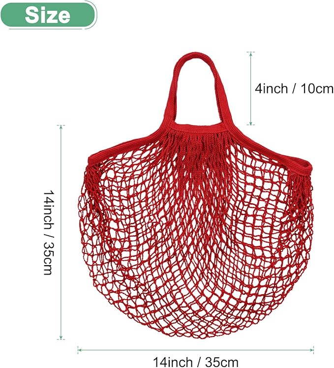 1-Pack Cotton Mesh Bag, Reusable Washable Mesh Net String Grocery Bags, Reusable Produce Bags with Handle, Net Tote Bag for Fruits/Vegetables Shopping [Red, Short Handle]