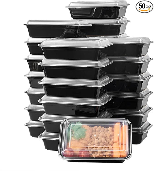 FULIGN 24 oz Meal Prep Containers With Lids Reusable 50 Pack Extra-thick Plastic Food Storage Black Disposable To Go Lunch Box BPA Free Stackable Microwave Dishwasher Freezer Safe