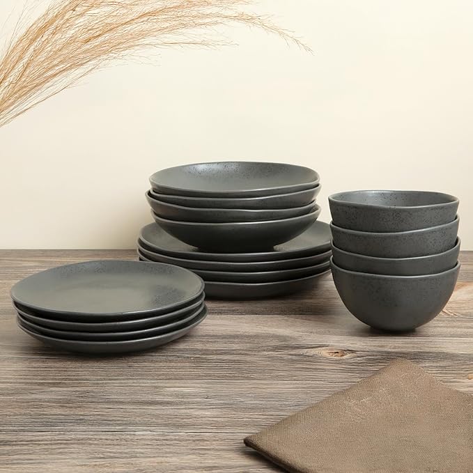 Trasa Home by Larder & Vine, Eco-Friendly High Fired Artisan Stoneware, Organic & Modern Dinnerware, 16 piece set, 4 place settings (Charcoal)
