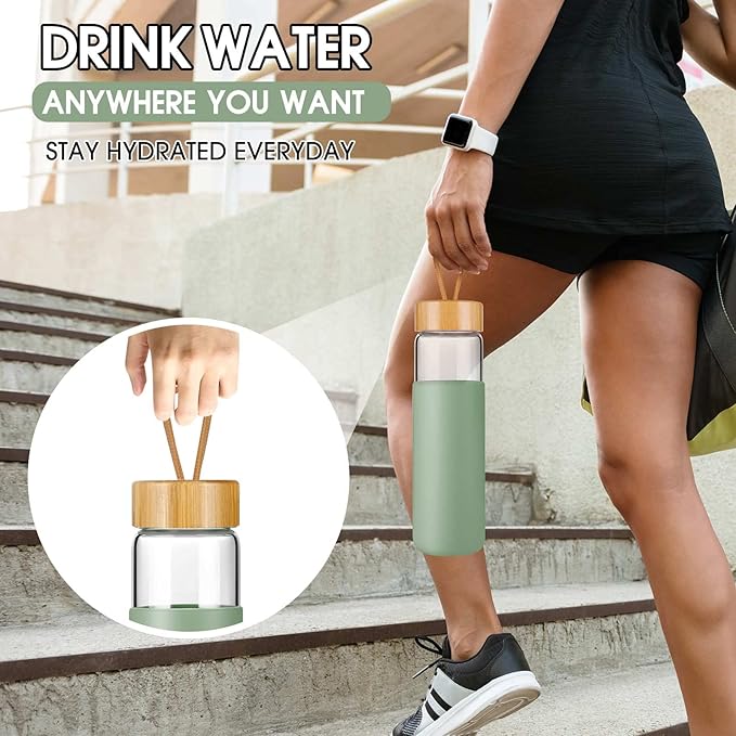 25 Oz Borosilicate Glass Water Bottles with Silicone Sleeve BPA Free, Dishwasher Safe - Reusable Clear Glass Drinking with Leak Proof Bamboo Lid | Perfect Gym Water Bottles for Men & Women