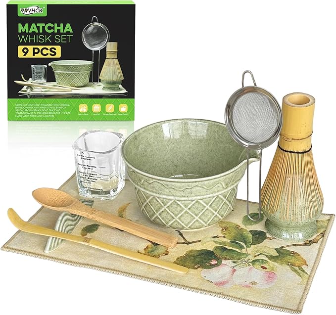 Matcha Whisk Set,9 Pcs Matcha Set with Matcha Bowl,Spout, Bamboo Whisk, Spoon Stand, Scoop, Sifter, Towel, Teaspoon and Glass Measuring Cup for Making Breakfast/Latte, Gift for Matcha Lover,Green