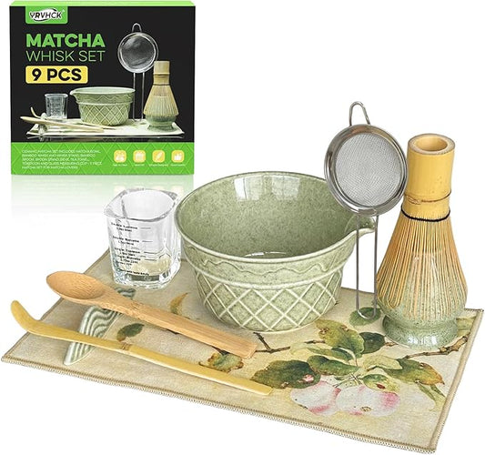 Matcha Whisk Set,9 Pcs Matcha Set with Matcha Bowl,Spout, Bamboo Whisk, Spoon Stand, Scoop, Sifter, Towel, Teaspoon and Glass Measuring Cup for Making Breakfast/Latte, Gift for Matcha Lover,Green