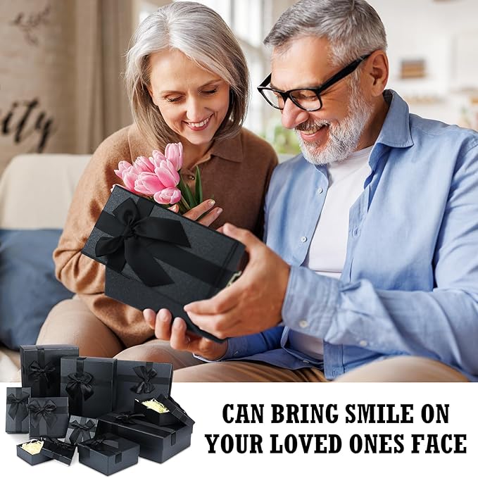 Tenceur 10 Pcs Gift Boxes with Lids Heavy Duty Nested Assorted Sizes Cardboard Gift Boxes for Presents with Ribbon for Xmas Holiday Present(Black,5 Size)