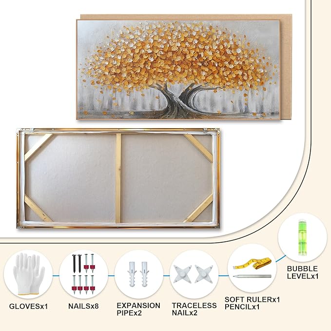 Gold Tree of Life Canvas Wall Art, Modern Abstract Textured Painting, Large Framed Panoramic Landscape Artwork for Living Room, Bedroom, Office, Home Decor 40"x20"