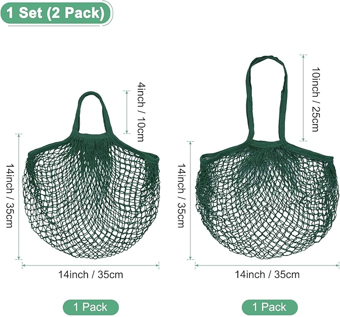 2-Pack Cotton Mesh Bag, Reusable Washable Mesh Net String Grocery Bags, Reusable Produce Bags with Handle, Net Tote Bag for Fruits Shopping [Dark Green, Long&Short Handle]