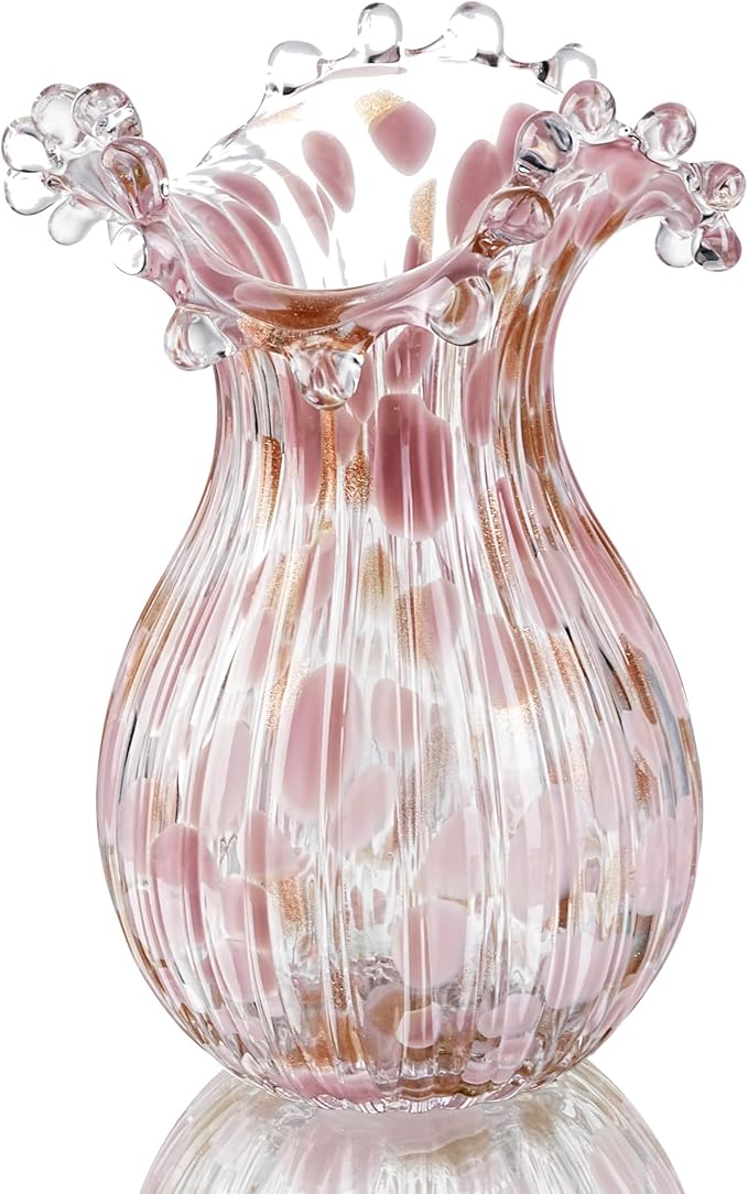 QFkris Handblown Glass Vase, Modern Art Flower Vase with Pink Petal Decorative for Home Decor, 8.5 inch Tall for Living Room Dining Tabletop Centerpiece Statement Office Decoration