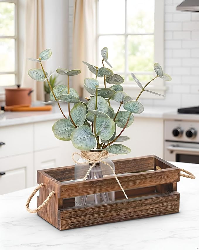 Artificial Eucalyptus Stems in Glass Vase with Faux Water,Combined with Wood Tray Centerpiece Table Decoration,13" Fake Plant with Double-Sided Leaves for Home Decor