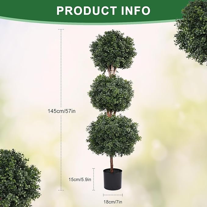 Artificial Topiaries Ball Tree Outdoor, 4.8ft Fake Topiary Triple Ball Boxwood Trees(2 Pieces), Faux Shrubs Plants Potted Artificial Tree Green Decorative Indoor Porch or Garden 57inch