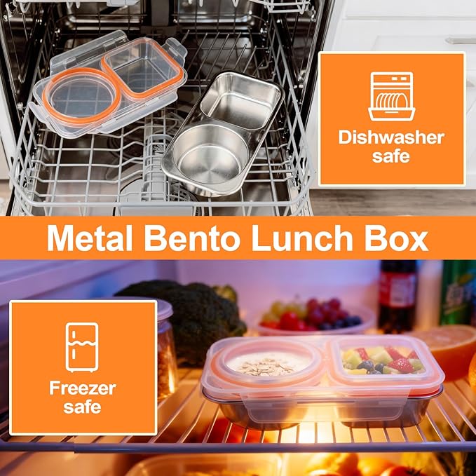 Stainless Steel Snack Containers, 6.5oz 2 Compartment Snackle Box with Lids Airtight, Leakproof Bento Box Metal Lunch Container Reusable Food Storage for Travel, Picnics (Orange)