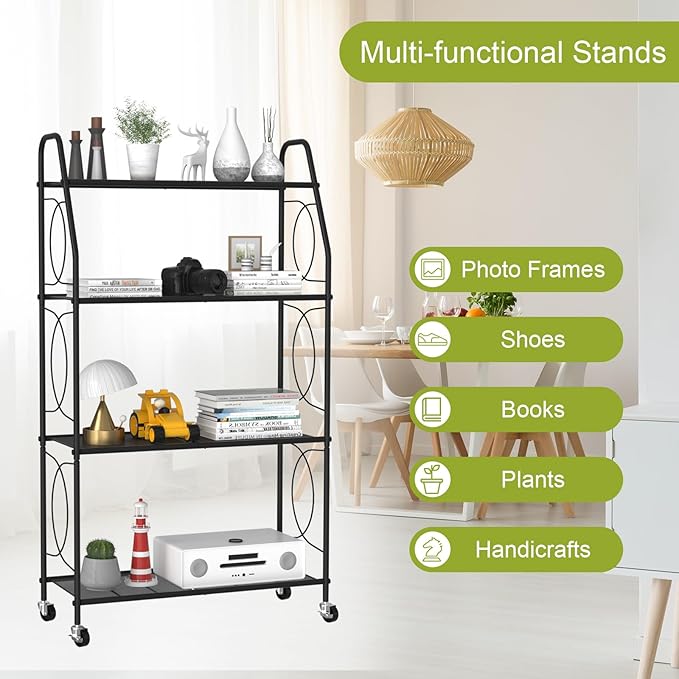 4 Tier Plant Stand with Wheels, Plant Shelf for Indoor Outdoor, Heavy Duty Metal Tall Plant Stands Holder Rack for Living Room Balcony and Garden, Black