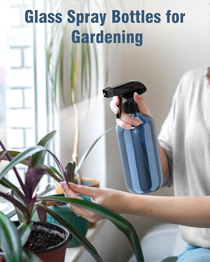 Glass Spray Bottle, Indigo Blue Glass Spray Bottle Set & Accessories Refillable for Plants Window Cleaners Aromatherapy Facial Hydration Watering Flowers Hair Care (2 Pack/16 oz)(Indigo)