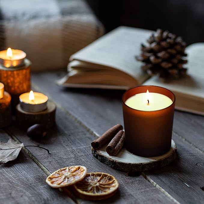 15 Pack Candle Glass Jars- 7oz Frosted Amber Empty Candle Containers with Bamboo Lids and Sticky Labels, Matte Brown Jars in Bulk for Making Candles- Dishwasher Safe-7 fl.oz