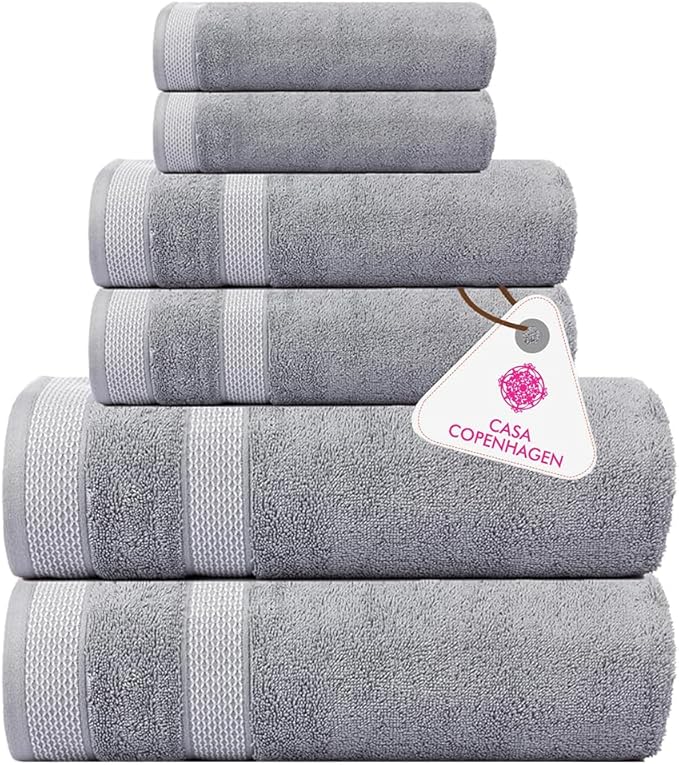 CASA COPENHAGEN Solitaire Luxury Hotel & Spa Quality, 600 GSM Egyptian Cotton, 6 Piece Turkish Towel Set, includes 2 Bath Towels, 2 Hand Towels, 2 Washcloths, Grey Violet