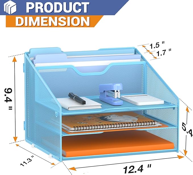 Letter Tray Organizer, Mesh Desk File Organizer with 3 Paper Trays and 2 Vertical Upright Section (Blue)