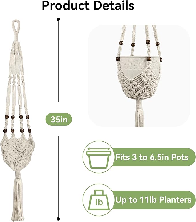USLAI Macrame Plant Hanger for Indoor Outdoor, Up to 3-6.5 inch Pot, Hanging Planter Flower Pot Holder with Beads and Tassels, Boho Home Decor, 2-Pack, Ivory
