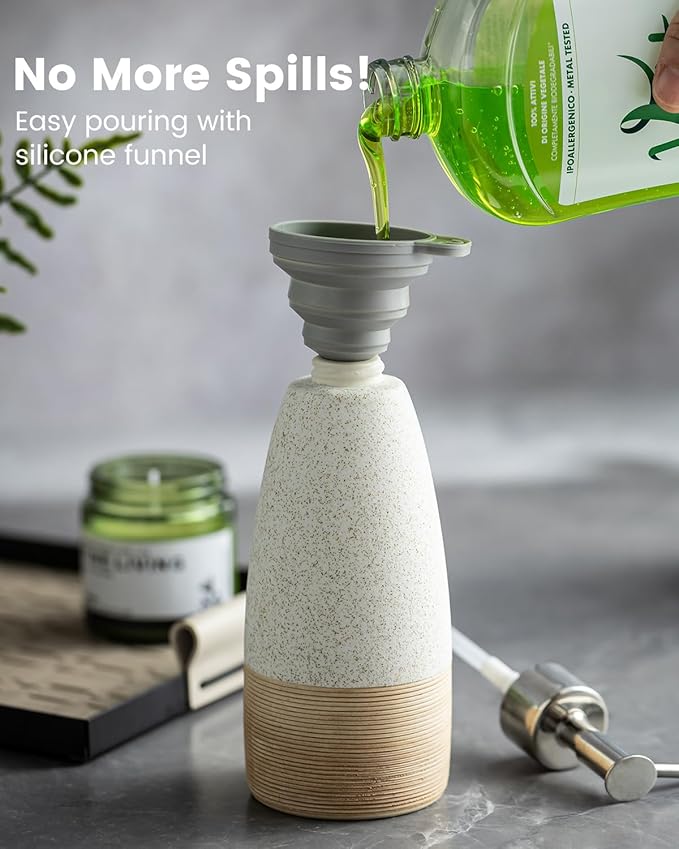 12oz Dish Soap Dispenser with 2 Pumps for Hand Soap, Shampoo, Lotion, Conditioner, Ceramic Refillable Soap Bottle with Silicone Funnel for Thanksgiving, Christmas Bathroom, Kitchen, Speckled White