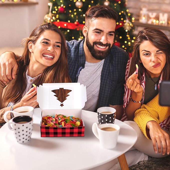 Ruisita 30 Pack Christmas Cupcake Boxes Plaid Cookie Gift Boxes Food Treats Container with Tags for Cupcake, Candy, Party Favors (Red+Black, 10 x 6.3 x 3 Inches)