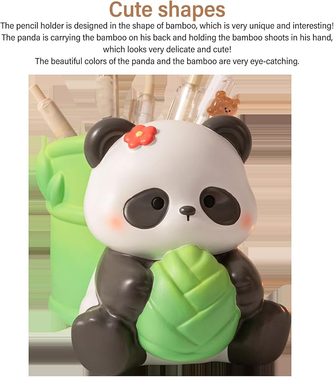 Panda Pen Holder, Cute Bamboo Design Resin Desk Organizer with Multifunctional Storage, for Office School Home Decor