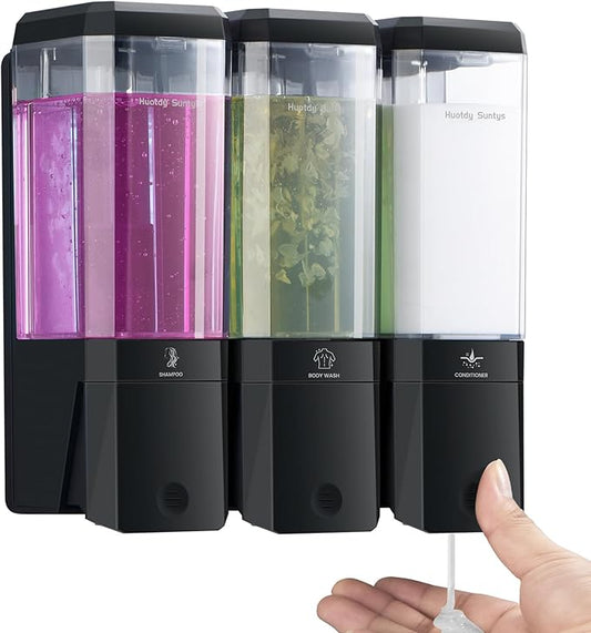 Shower Soap Dispenser Wall Mounted Shower Dispenser 3 Chamber No Drill Shampoo and Conditioner Dispenser Refillable Shampoo Dispener for Shower 3 * 500ml for Bathroom Hotel (Black 3 Chamber)