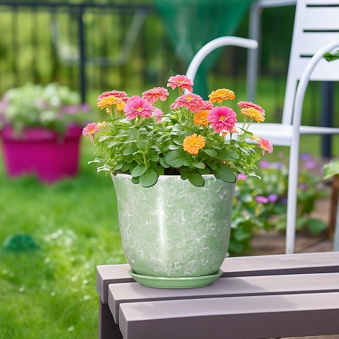 Ceramic Planter - 8 Inch Plant Pot for Indoor Outdoor, Round Flower Pots with Drainage Hole and Saucer, Modern Decorative Planters, Home Office Desk Decor, Gifts for Plant Lovers, Green