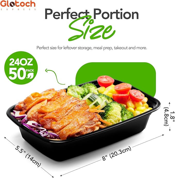 100-Piece (50-Pack) 24 OZ Meal Prep Containers Reusable with Lids, Sturdy Leakproof & Food Safe, Microwave, Freezer, Dishwasher Safe To Go Food Containers, Plastic Take Out Containers, Black