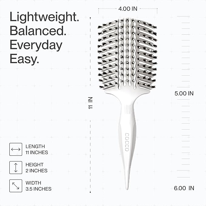 COCCO Aura Vent Boar Brush | Vented Dual-Curved Design for Faster Drying, Effortless Detangling & Shine, Boar + Nylon Bristles, Ergonomic Comfort Handle for Wet & Dry Hair Styling - White
