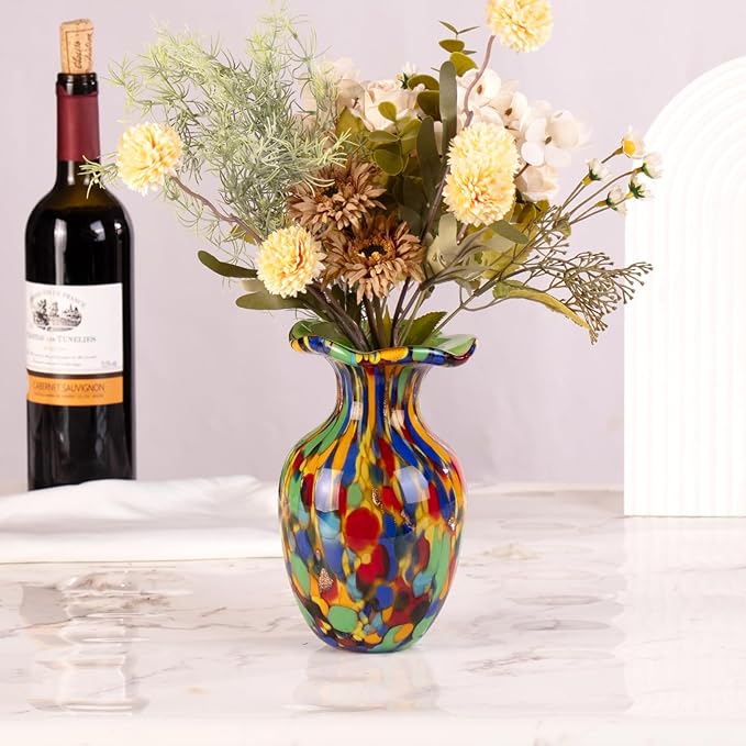 KAMMAK Colored Glass Vase, Beautiful Hand Blown Decorative Vase, Modern Art Vase for Flower Mantle Dining Table Centerpiece, Entryway Living Room Wedding Decoration, FH004