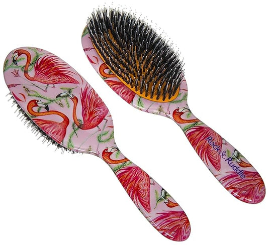 Rock & Ruddle Natural Mixed Boar Bristle Hair Brush for Women and Kids (Large, 21cm) - Perfect for Wet or Dry Hair, Detangling Smoothing Blowdrying - Designed & Made in UK - Flamingos Design