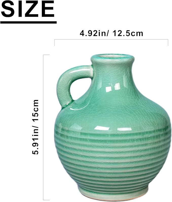 Sunddo Green Ceramic Vase 6 Inch - Small Decorative Vases with 1 Handle, Textured Modern Vase for Home Decor, Bathroom, Bedroom, Living Room, Centerpiece, Table Decor